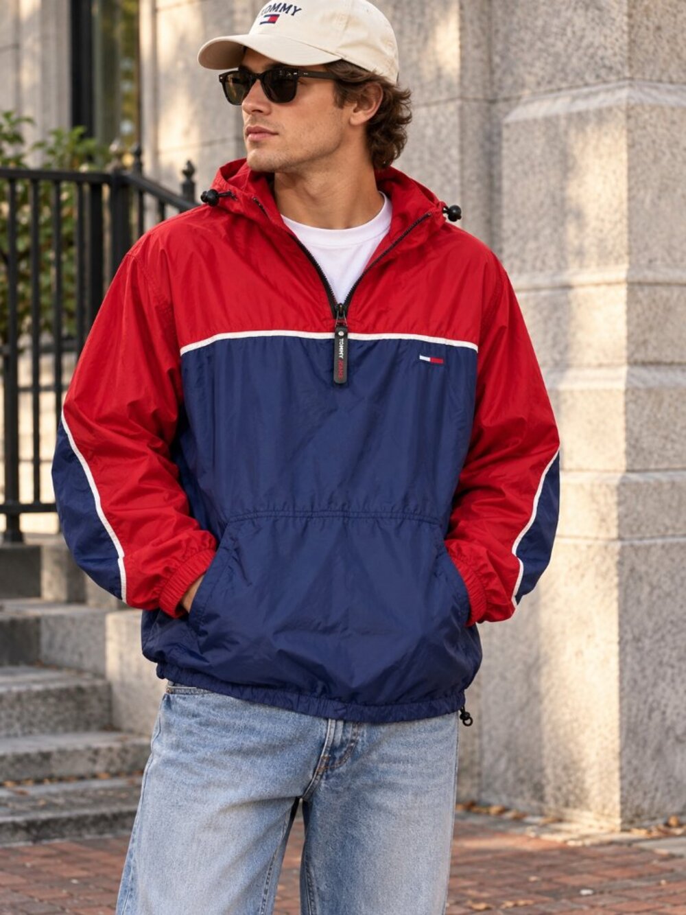 Tommy Jeans Vintage Y2K Colorblock Anorak Windbreaker Men’s L Red Navy - Picture 1 of 11